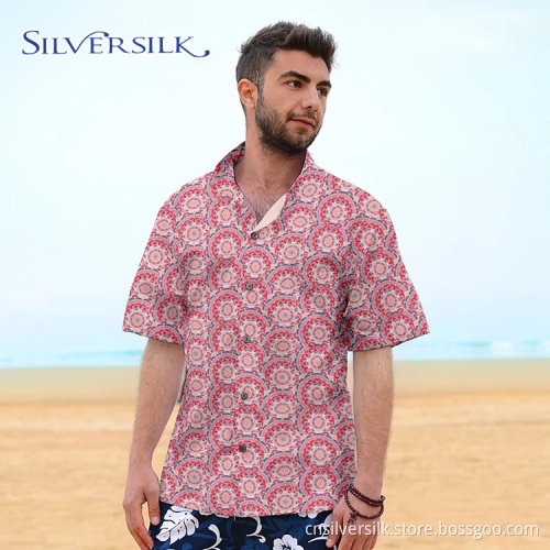 Print Men Blouse Short Red Flower Custom Shirt